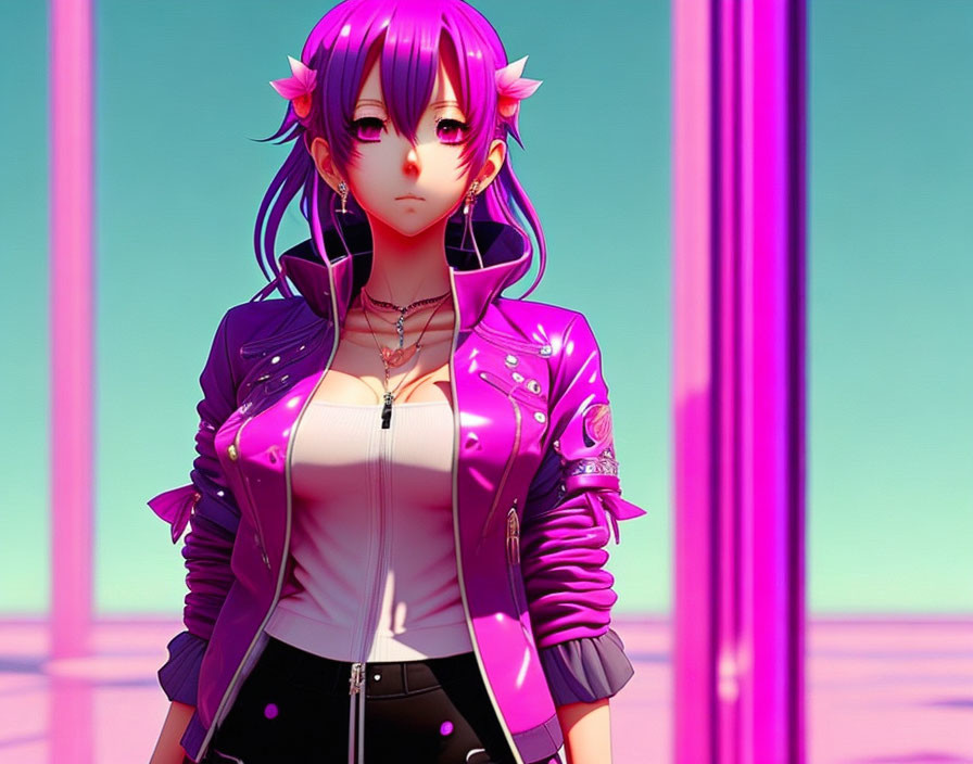 Purple-haired female character in pink biker jacket with horns on pink-blue gradient background