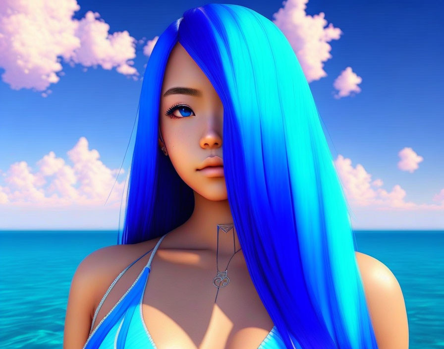 3D Render: Girl with Blue Hair & Swimsuit by Serene Ocean