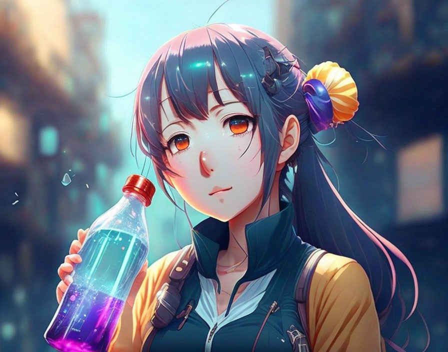 Blue-haired anime girl with amber eyes holding purple bottle in cityscape