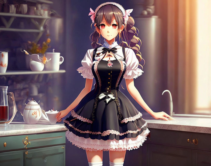 Anime-style maid with twin braids in sunlit kitchen wearing black and white outfit.