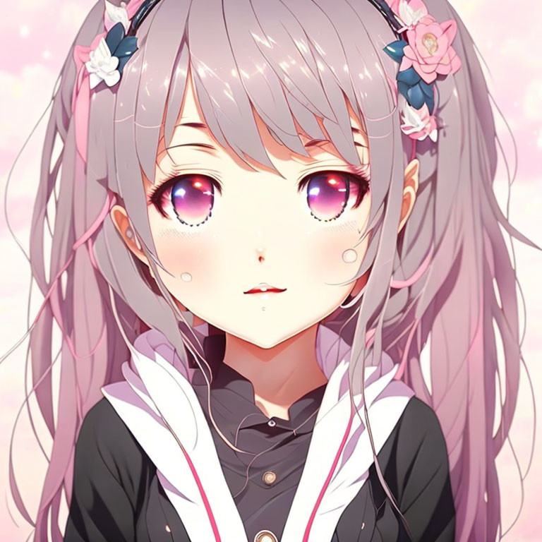 Anime-style girl with purple eyes and silver hair in black and white outfit with pink details