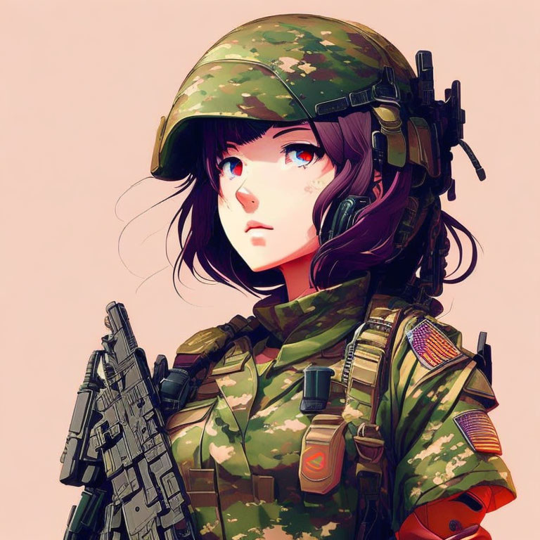 Female soldier illustration with helmet, headset, rifle, and military patches on pink background