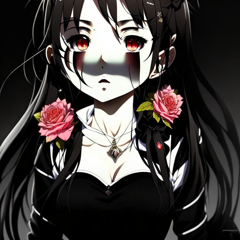 Long black hair, red eyes, tears, black dress with roses, cross necklace on dark background