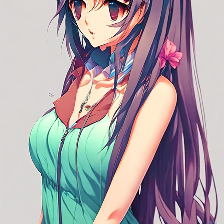 Illustration of girl with purple hair, red eyes, turquoise top, purple hair accessory