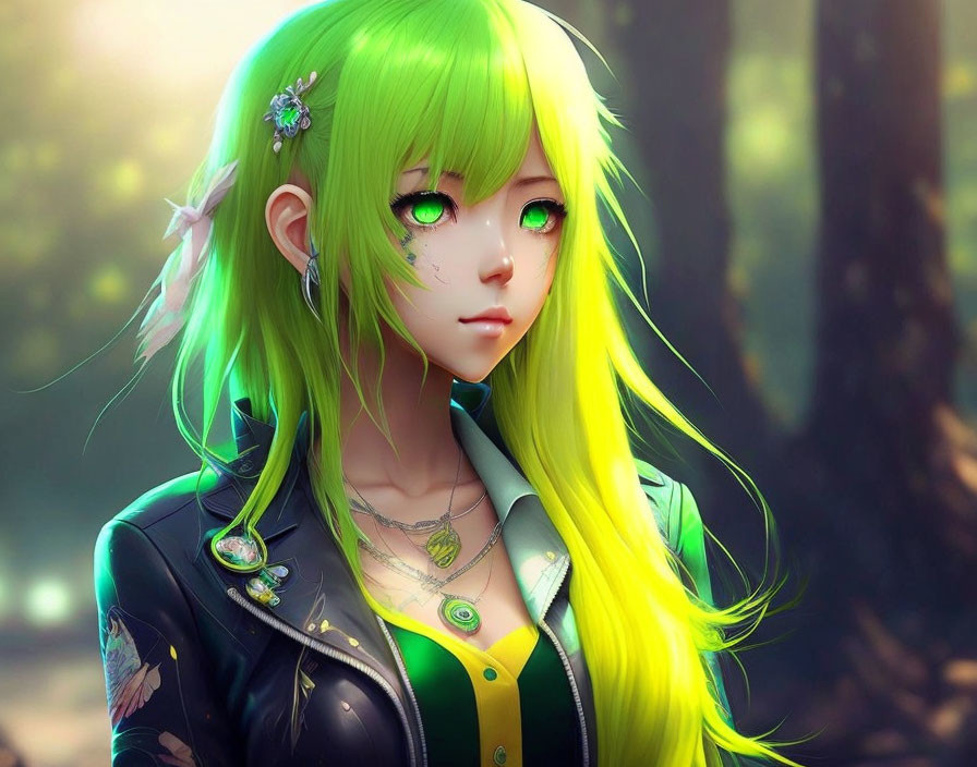 Character with Green Hair, Eyes, Flower Hair Clips, Jacket, Top in Forest