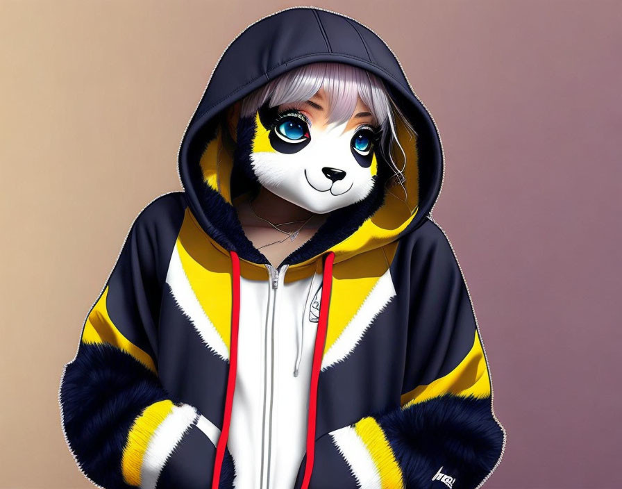 Character illustration: stylized animal face with black and yellow hooded jacket.