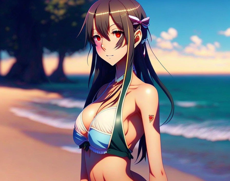 Long-haired character in blue swimsuit on beach with trees and ocean.