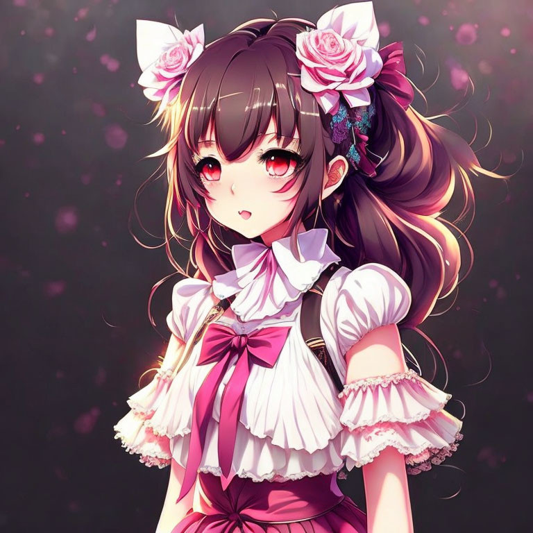 Long-haired anime girl in pink dress on pink background with petals