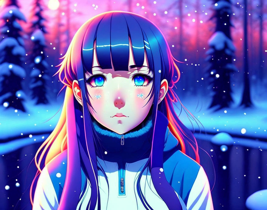 Blue-haired animated character in snowy winter scene with trees and falling snowflakes.