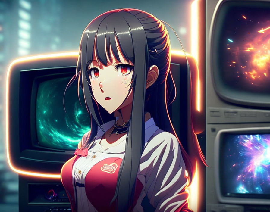 Black-Haired Anime Girl in Room with Retro Monitors and Cosmic Imagery