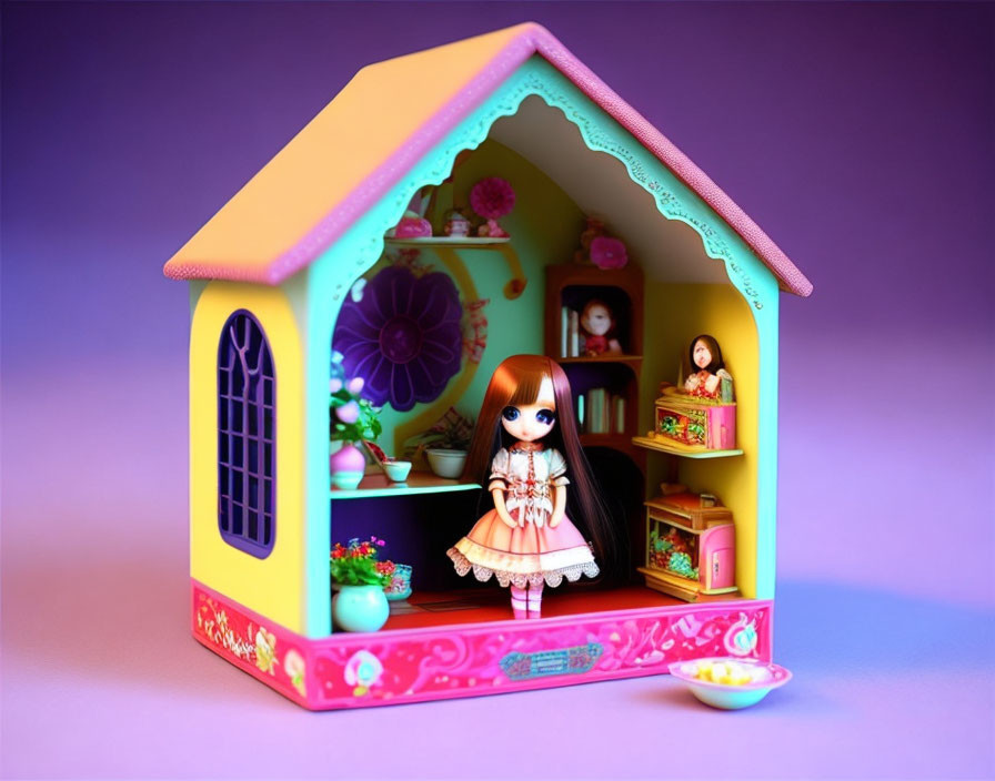 Colorful Toy Dollhouse with Small Doll in Pink Dress and Miniature Items