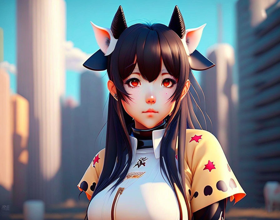 Anime-style female character with black hair and horn-like ears in yellow star-patterned outfit against city backdrop