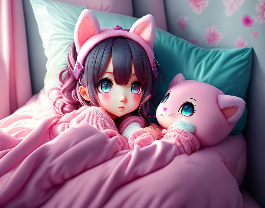 Digital illustration: Girl with cat ears in pink headphones snuggling with plush cat pillow in bed