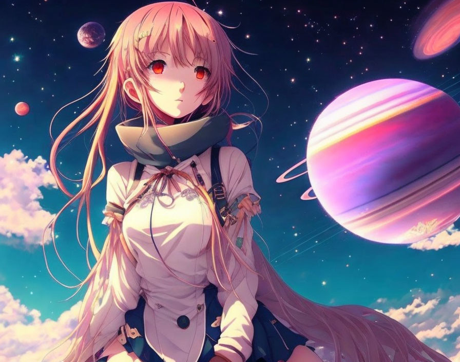 Red-eyed blond anime girl in white outfit beneath a sky with fantastical planets