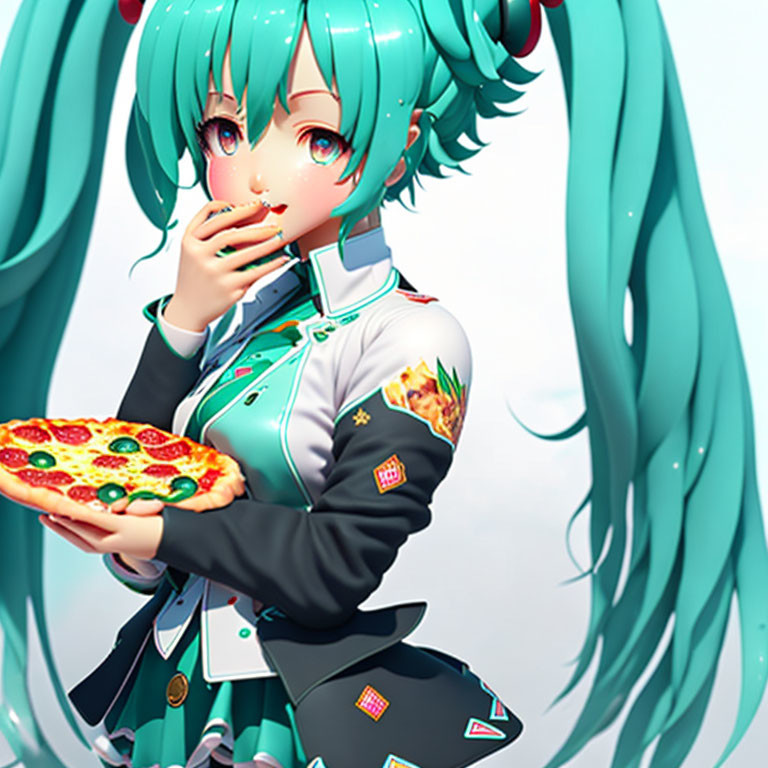 Aqua-haired anime girl eating pizza in futuristic jacket