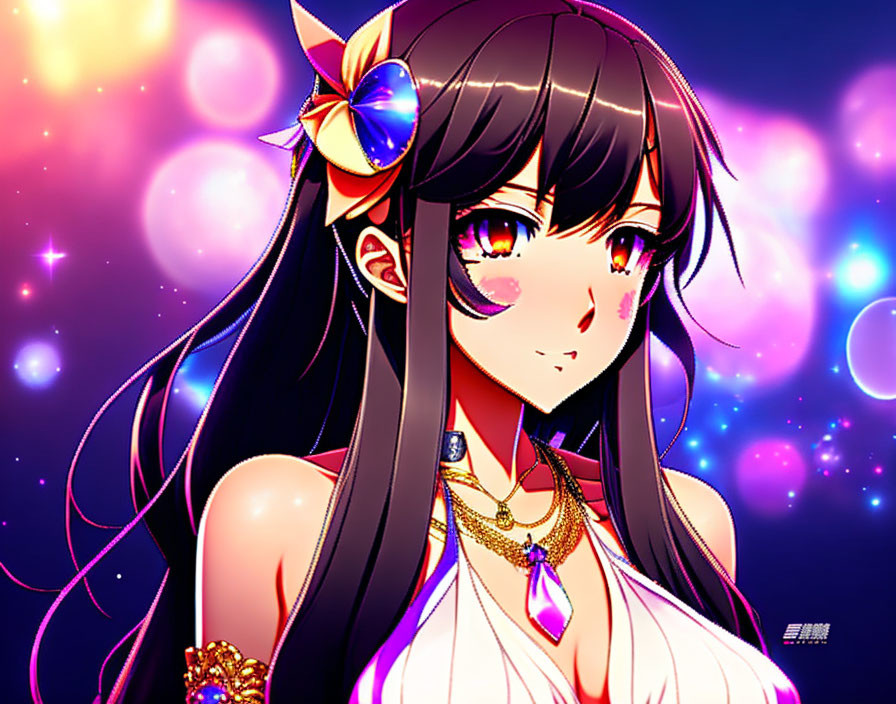 Dark-haired anime girl with colorful bow in white dress on cosmic backdrop