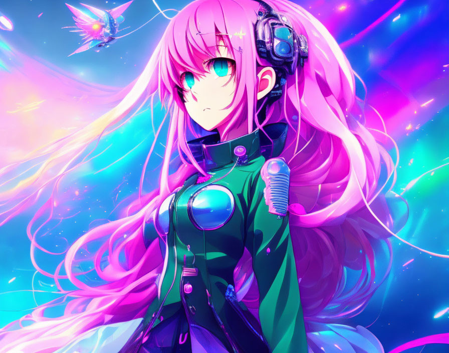 Pink-haired anime character in futuristic outfit with green eyes and headphones in cosmic setting.