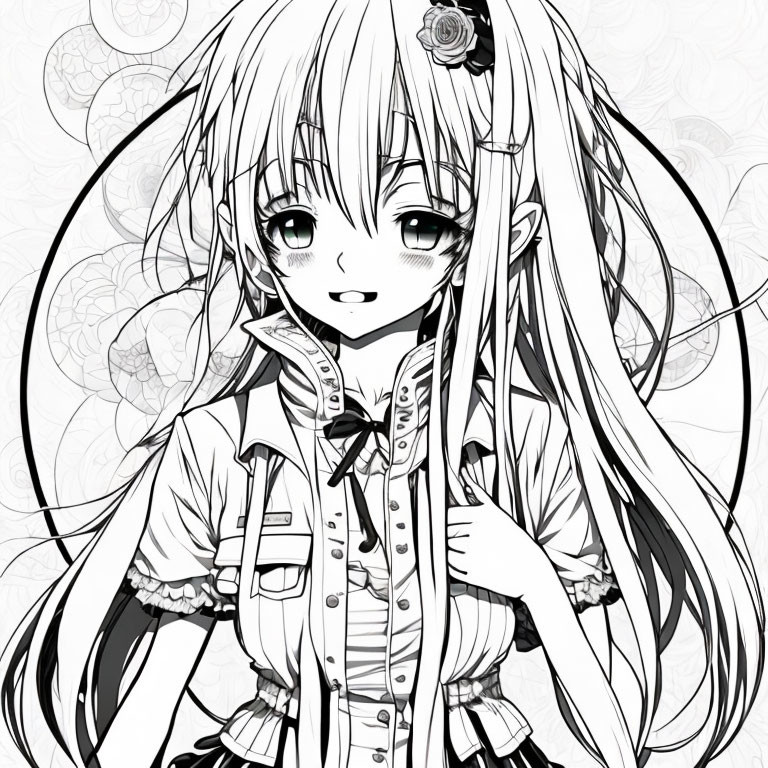 Monochrome anime girl with long hair and rose accessory in intricate outfit