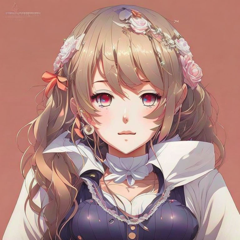 Anime-style illustration of girl with brown wavy hair, floral accessories, pink eyes, blue & white