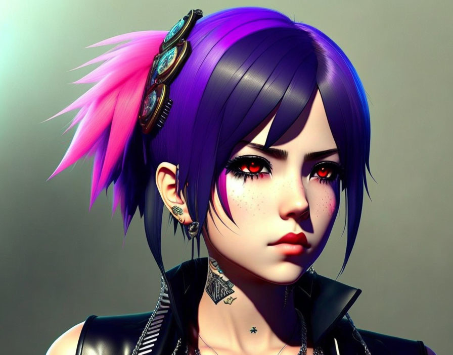 Stylized female character with purple and pink hair, piercings, freckles, and