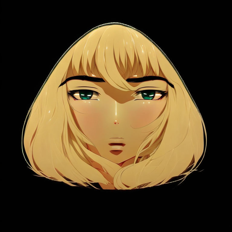 Blonde-haired female digital art portrait with green eyes and mole, on black background