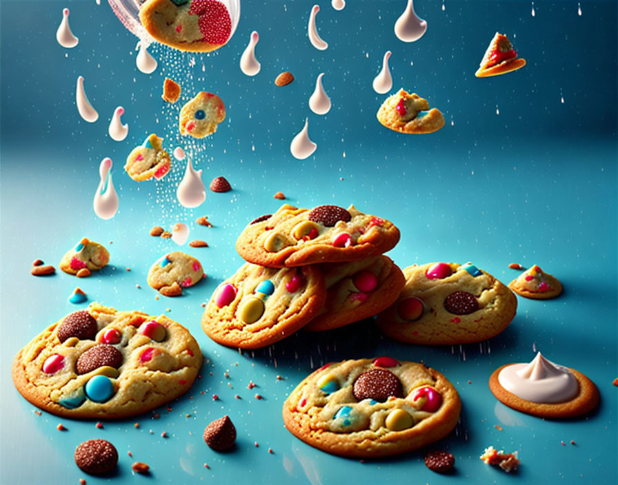 Colorful Candy Cookies with Milk Splashes on Teal Background