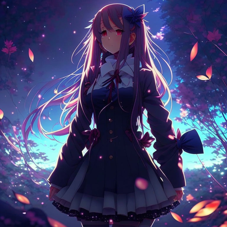 Long-haired anime girl in bow and dark dress surrounded by falling leaves at twilight