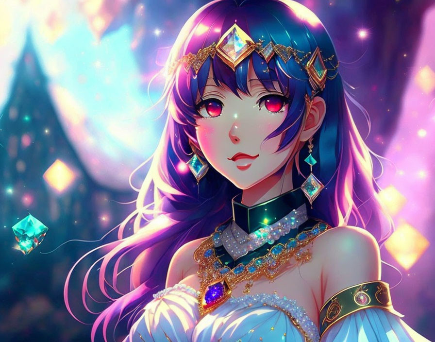 Blue-haired female character with golden and gem-encrusted jewelry in mystical setting