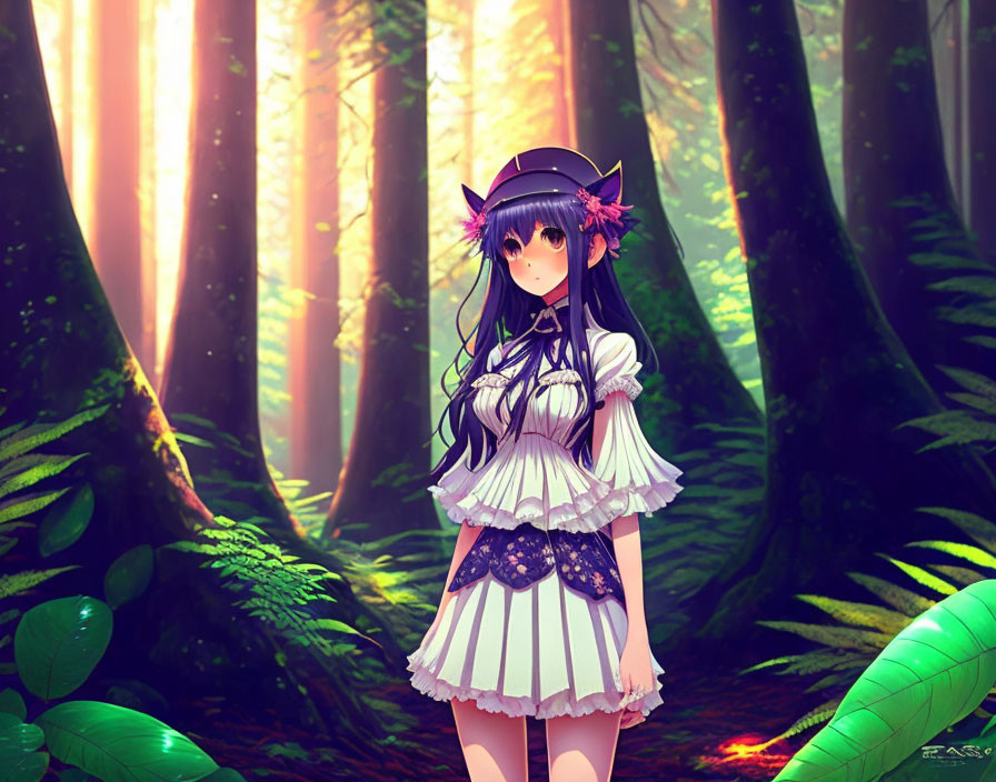 Dark-haired anime girl in white dress in sunlit forest