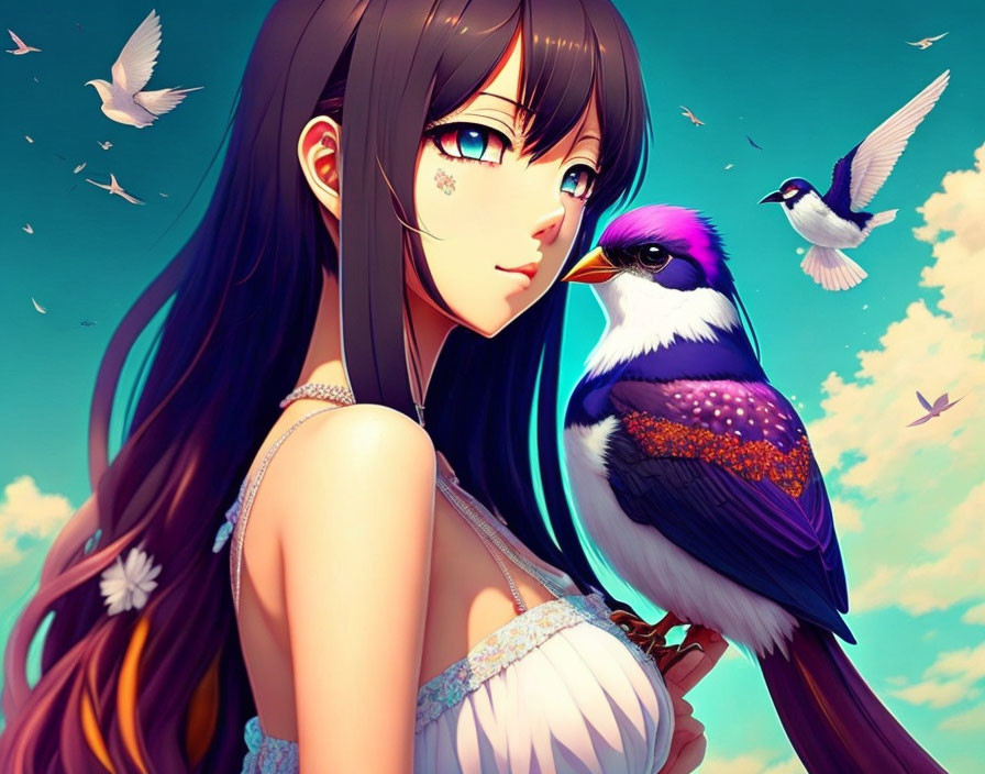 Girl with Long Brown Hair and Green Eyes Holding Colorful Bird in Sky Illustration