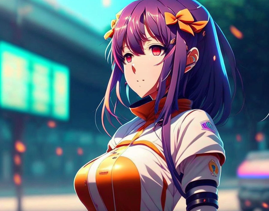 Stylized animated female character with purple hair and modern outfit in urban setting