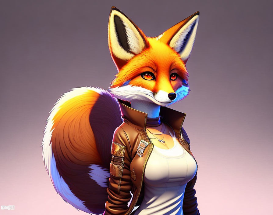 Orange anthropomorphic fox in white top and leather jacket on gradient background