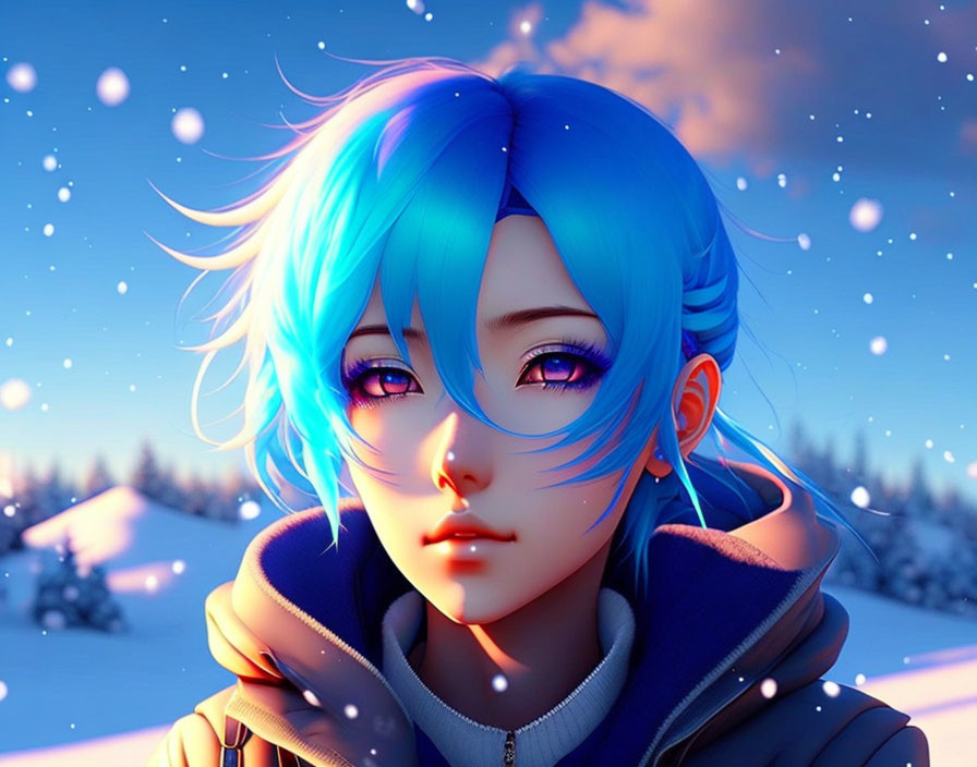 Vibrant Blue-Haired Animated Character in Snowy Winter Scene