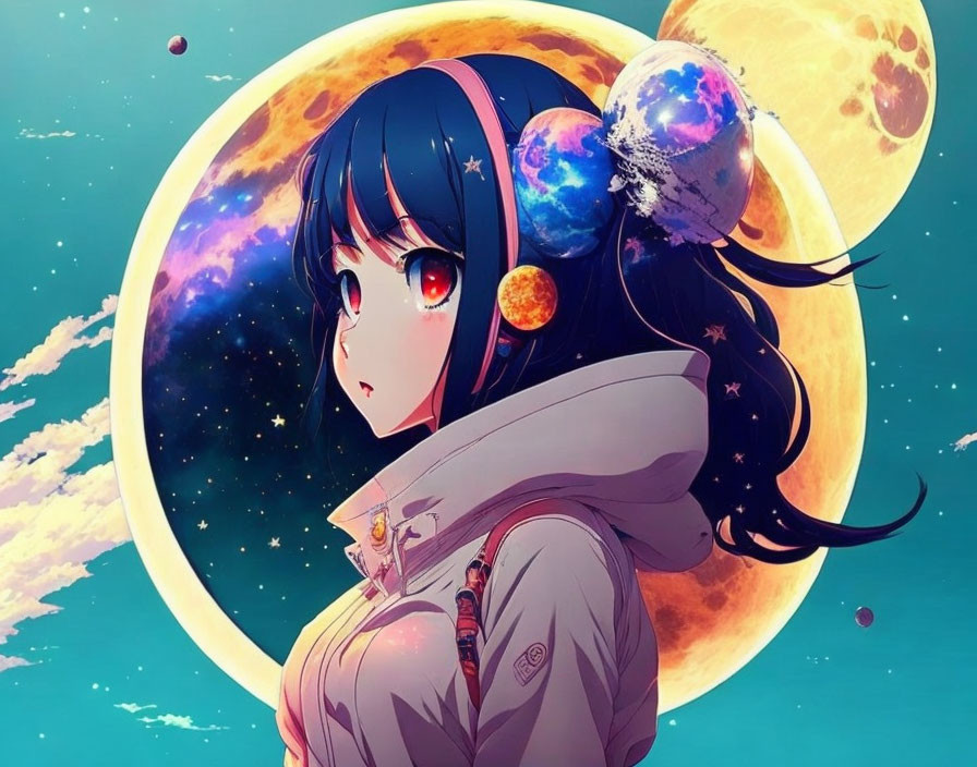 Blue-haired anime girl in headphones with red eyes, set against cosmic planets and moons.