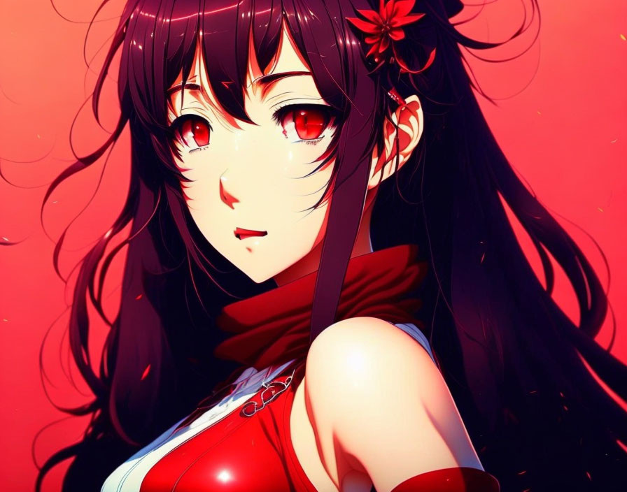 Anime girl with long black hair and red eyes against red background