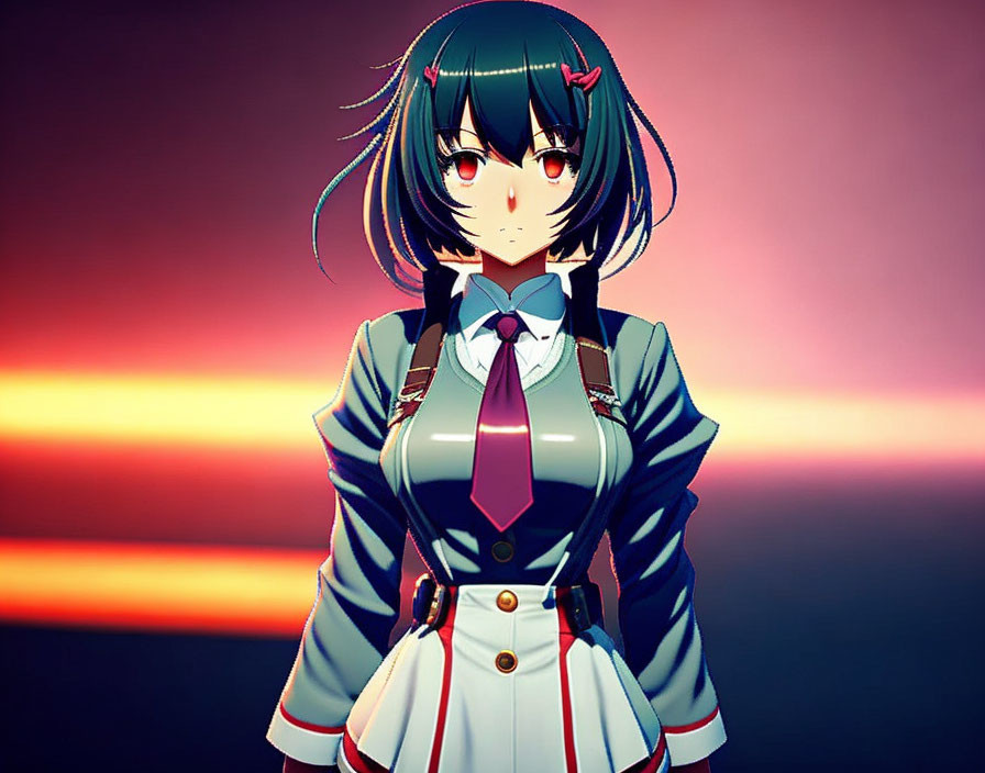 Black-Haired Girl in School Uniform with Red Tie, Green Eyes, Sunset Background