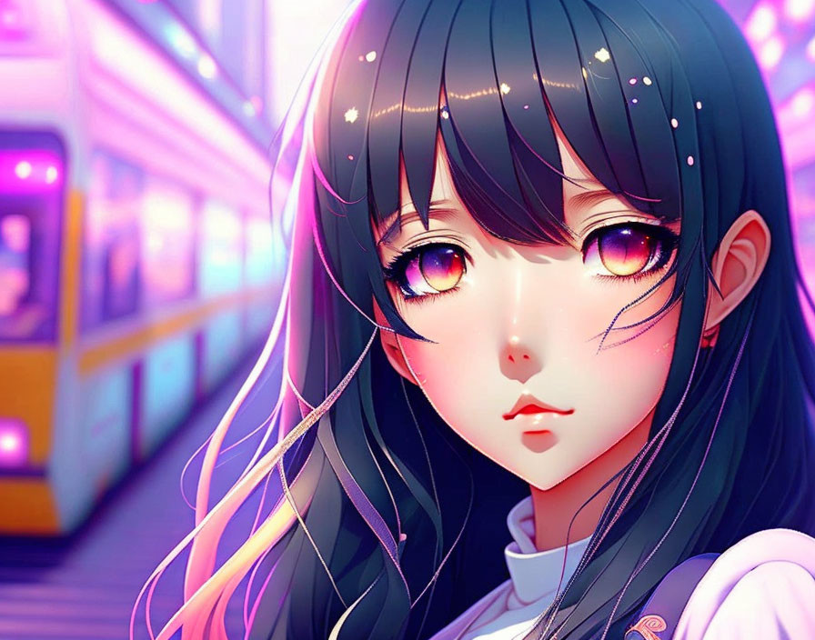 Long black hair, large purple eyes, colorful cityscape, yellow tram.