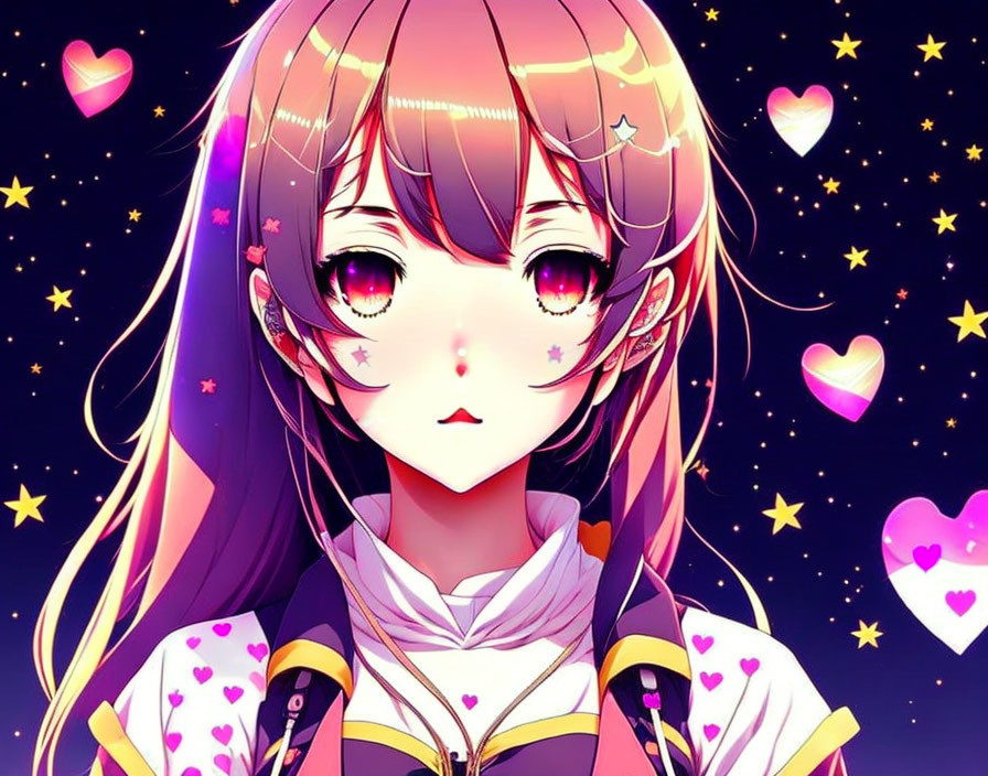 Purple-haired anime girl with large eyes in starry background with pink and yellow hearts