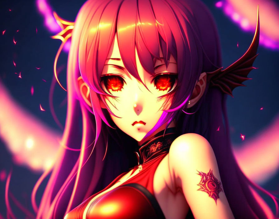 Female anime character with red eyes, pointed ears, and shoulder tattoo in dark background.