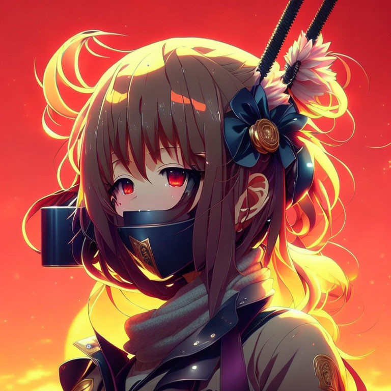 Anime girl with surgical mask, red eyes, brown hair, blue bow, under red-orange sky