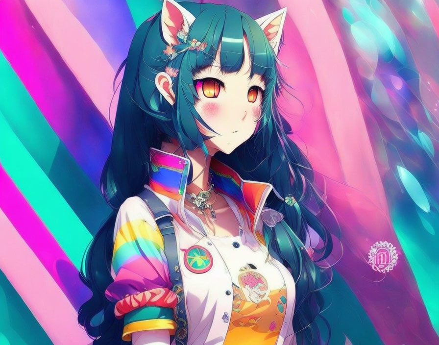 Cat-eared Anime Girl with Long Black Hair in Colorful Outfit