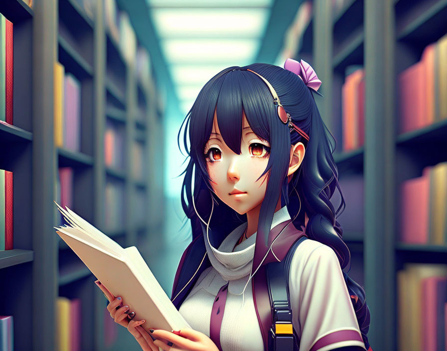 Long-haired anime girl with purple bow reading book in library