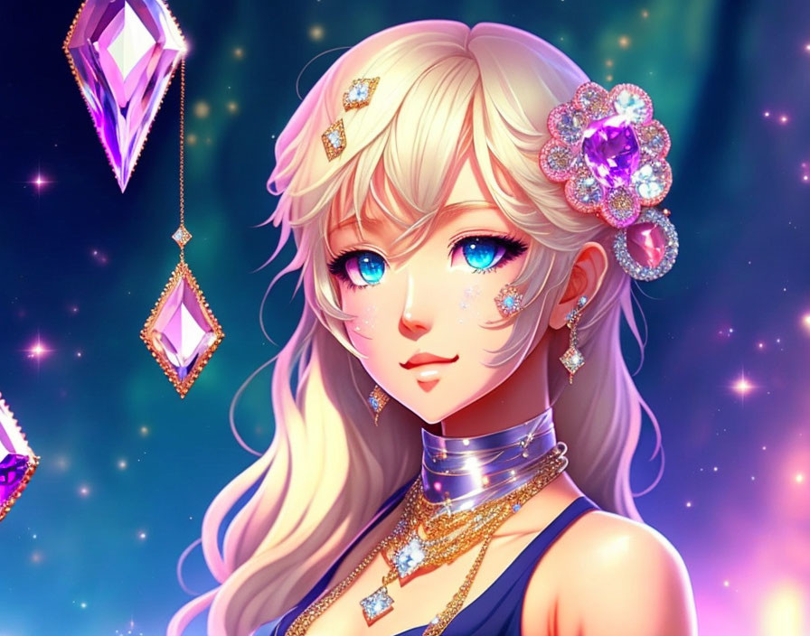 Blue-eyed female anime character with intricate jewelry on cosmic backdrop