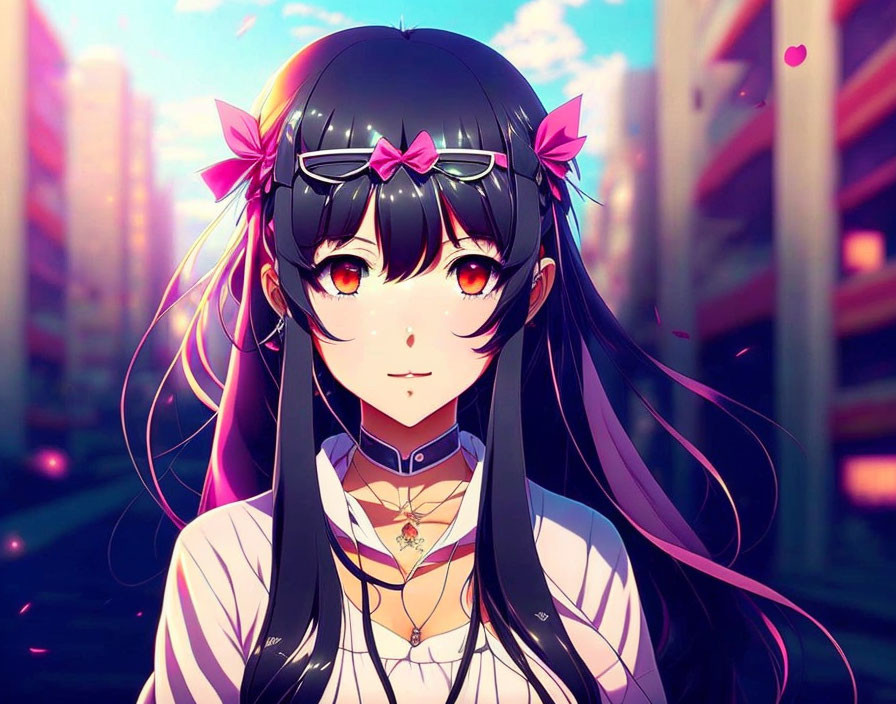 Long black hair, red eyes, ribbons, and cityscape with pink hues.