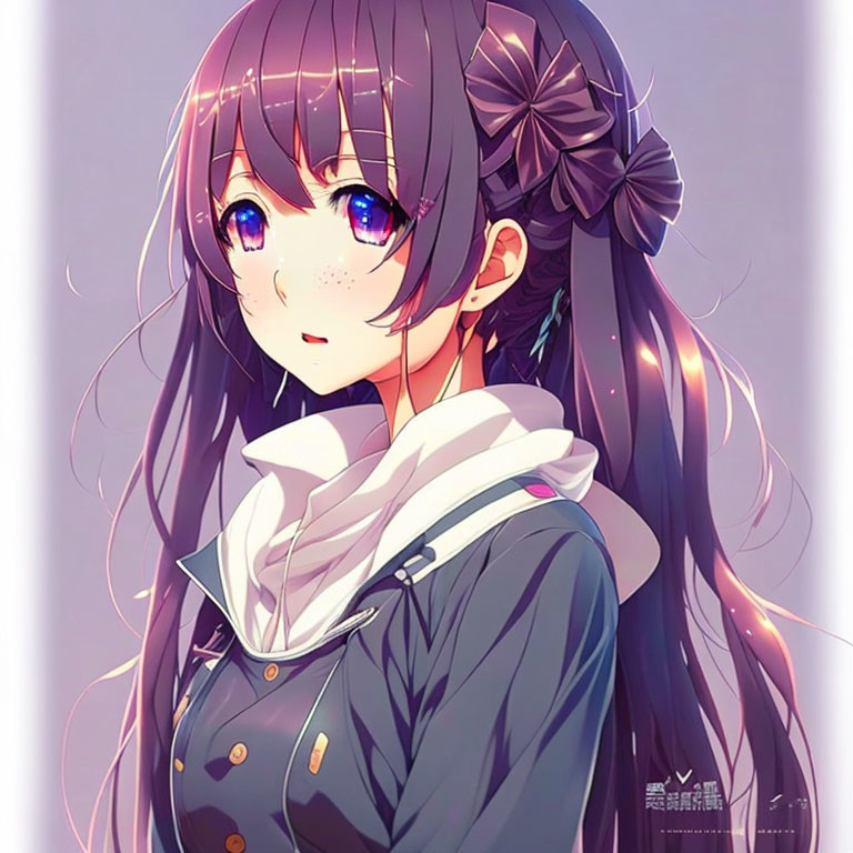 Purple-haired anime girl in school uniform with bow and sparkly eyes on soft purple backdrop