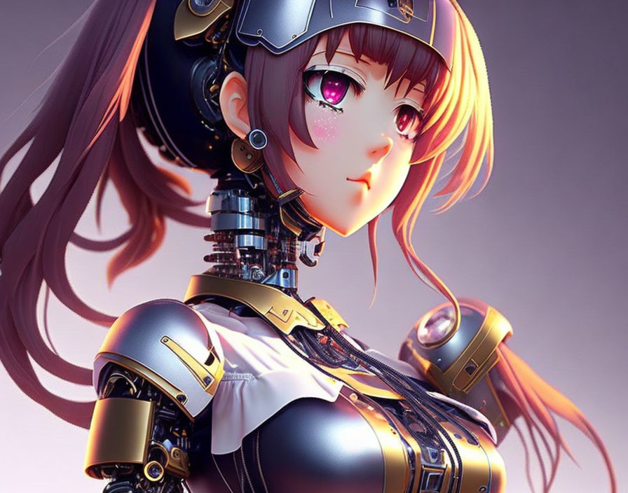 Detailed futuristic female android illustration with cybernetic neck and vibrant eyes.