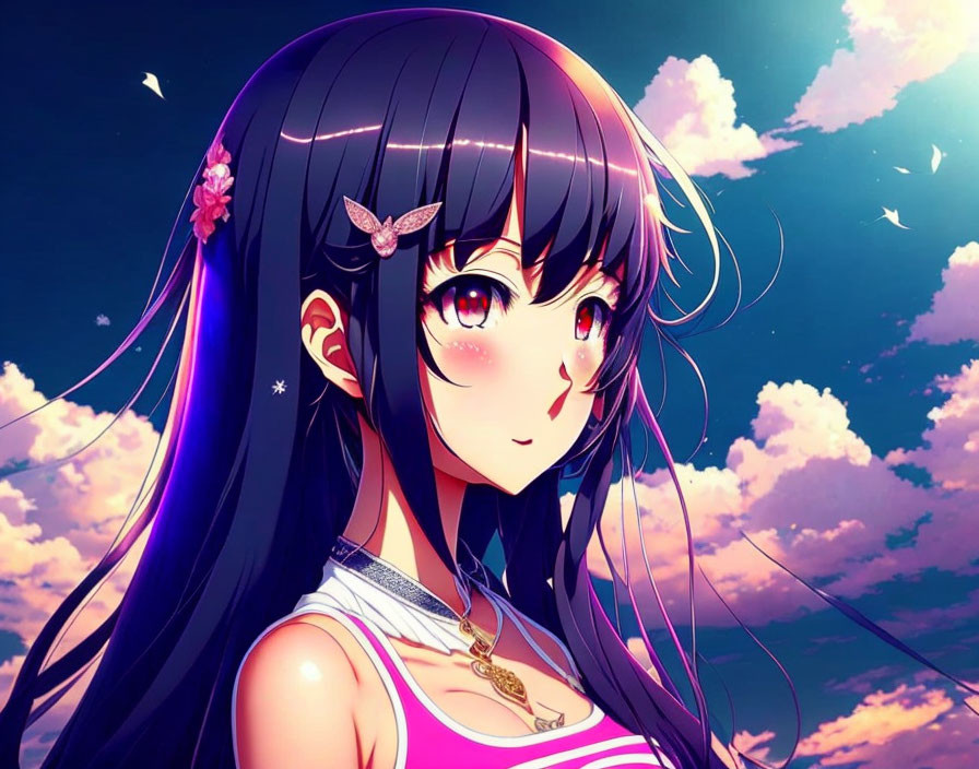 Long black hair and red eyes anime girl with flowers and butterfly in twilight sky.