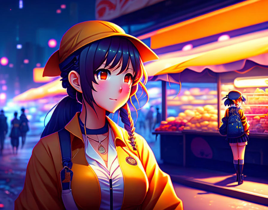 Blue-haired girl in yellow cap and jacket at vibrant night market with neon lights