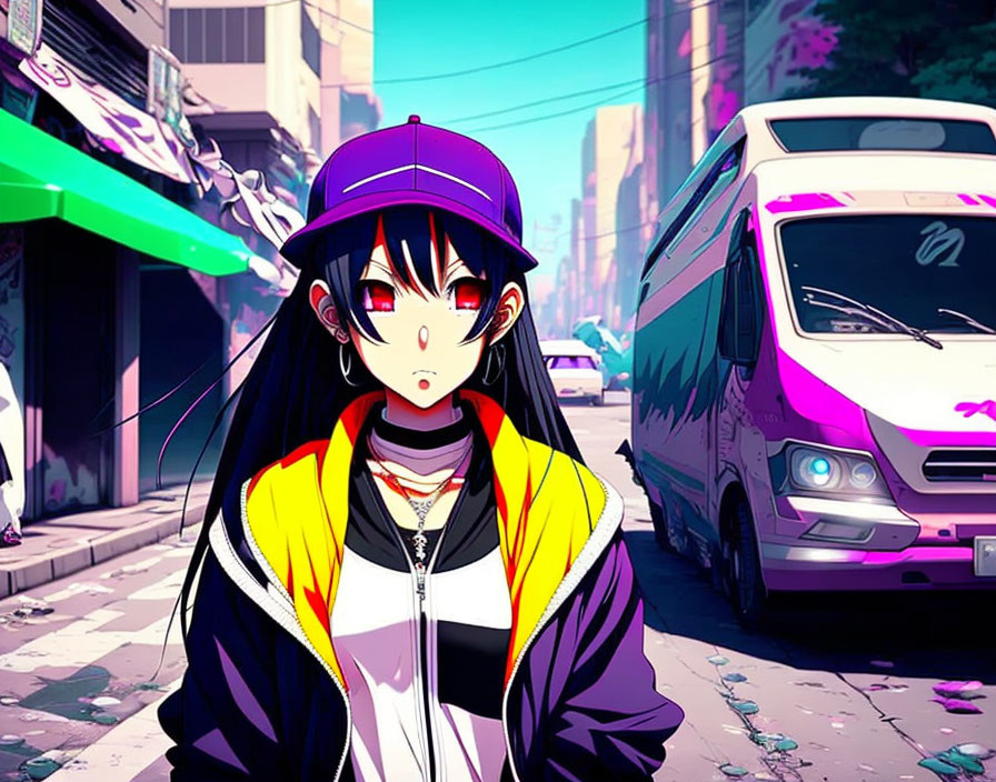 Purple-haired anime girl in cap and yellow jacket in urban street scene