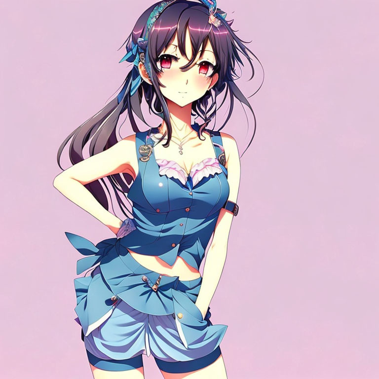 Long black hair anime girl in blue dress on pink background